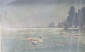 Late 19th/20thC Japanese hand-coloured print of workers in a paddy field, signed, 23 x 34cm