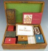 Quantity of playing card boxes including leather slip cases, Tunbridge inlaid cribbage board and the