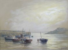 Keith English (Cornish 1935-2016) acrylic on canvas likely Cornish harbour scene at low tide with