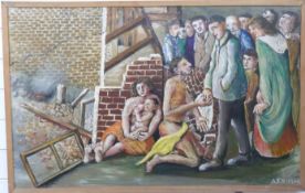 1960s acrylic on canvas, war or natural disaster aftermath, family sheltering amongst building ruins