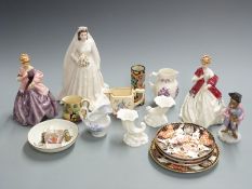 Royal Worcester figurines Queen Elizabeth II and First Dance x 2, jugs, Crown Derby, continental