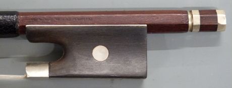 JTL violin bow with certificate by Pierre Guillaume, the bow stamped N Laury à Paris, with three