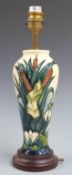 Moorcroft lamp decorated with bullrushes and water lilies, H33cm