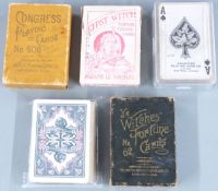 Five American and Canadian packs of playing cards to include Congress No. 606, Ye Witches Fortune