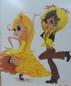 'Lynn-y-Fred' kitsch/mid-century modern watercolour of a couple dancing, 63 x 50cm, framed and
