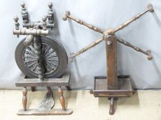 A wooden spinning wheel and wool winder, tallest 89cm