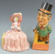 Art Deco Goldscheider style figure marks indistinct and a plaster figure of a man smoking a pipe,