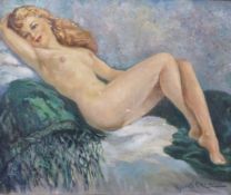 Roberte Chevalier (1907 - 2000, French) oil on canvas, 'Châle Vert', nude of reclining lady,