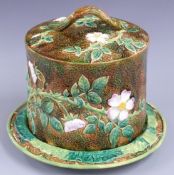 George Jones & Son 19thC  majolica cheese dome and underplate decorated in relief with dog rose