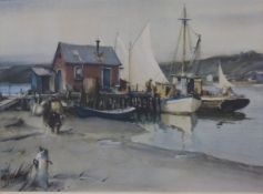 James Sessions (1882-1962) print boats at dock, 43 x 59cm