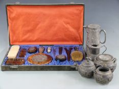 Chinese Yixing pewter bound tea set with various marks to bases, together with a pewter jug engraved