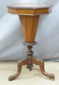 Victorian mahogany octagonal work/sewing table raised on a tripod base, diameter 50 x H72cm