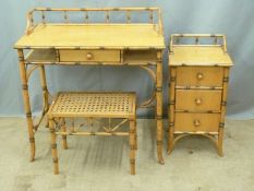 Art Deco Chinese elm faux bamboo dressing table, stool and three-drawer cabinet, largest W87 x D42 x