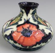 Moorcroft pedestal squat vase decorated with poppies, impressed marks to base JH, R and 1996 date