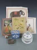 Chinese lidded pot with bird and insect decoration, a blue and white Chinese pillow, Japanese vase