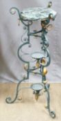 A wrought iron marble-topped jardinière stand with gilt decoration, H81 x D27cm
