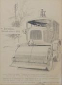 Frank Patterson (English 1871-1952): Pen and ink drawing of road roller with cycle on top and