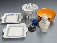 A collection of ceramics including Wedgwood paperweight, pedestal pierced basket, parian bust by