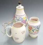 Poole Pottery lamp, vase and jug, tallest 40cm