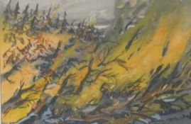 G.C. Potts (British) gouache of forest fire, signed lower right, 32 x 46cm, framed and glazed