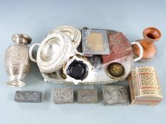 A collection of mainly Chinese items including a cinnabar lacquer box, metal boxes, white metal