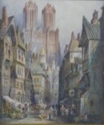 H Montague watercolour market street beneath towering cathedral, signed lower right, 32 x 27cm,