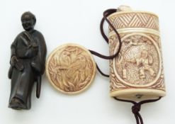 Japanese bone inro and button netsuke depicting an Oriental gentleman and a hardwood netsuke