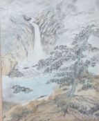 Japanese watercolour depicting a figure next to waterfall, in bamboo effect frame, glazed, 30.5 x