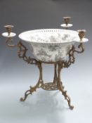 A continental washbowl with Chinoiserie decoration, the metal frame with three candle sconces,