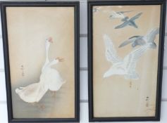 Pair of late 19th/20thC Japanese watercolours of geese, pigeons and gulls, both signed, 34 x 18cm