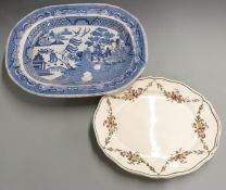 19thC blue and white transfer printed pedestal meat plate with well and two Royal Doulton Leeds