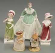 Two Royal Doulton Kate Greenaway figures Sophie and Ruth, Brambly Hedge figures Mr and Mrs Apple and