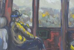 Gouache man looking out of a train carriage window, 27 x 38cm, framed and glazed