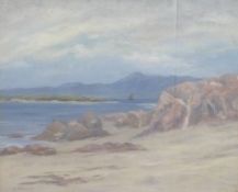 M F Findlay, oil on canvas coastal scene with sailing boat beyond the headland, signed lower left,