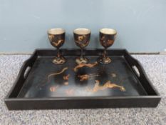 Ling king Anyukeeware Chinese lacquered tray and set of three cups decorated with gilt interior