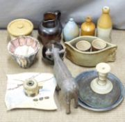 Studio pottery cow, two shallow dishes with MC to base, Doulton style beakers, bottle vases etc,