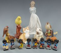 Royal Worcester cat and bird figures, Nao and Golly figures