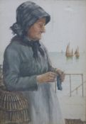 David W. Haddon (1884-1914) coastal watercolour lady knitting with fishing scene and boats in