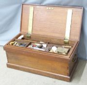 An antique cabinet maker or carpenter's tool box to include Disston saw, Stanley rule and level co