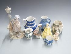 Lladro Daisa figurine of a girl sweeping and lamp, another Lladro figurine, Wedgwood Jasperware