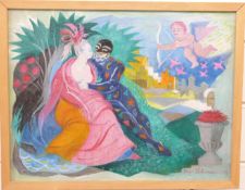Olga Lehmann (1912-2001) acrylic on board 'Lovers and Cupid', signed and dated 1997 lower right,