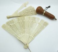 Two pierced bone fans and a gourd with engraved decoration