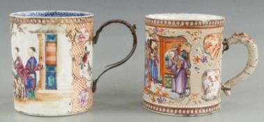 Two Chinese 18th/ 19thC tankards depicting figures, 13cm tall
