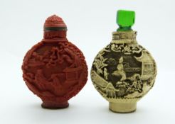 Two Chinese faux lacquer scent bottles with marks to base, 5.5cm