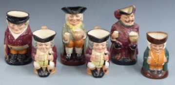 Six Royal Doulton large Toby jugs including two Jolly Toby, Falstaff, Happy John, Squire etc