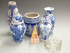 Delft covered vases, Japanese lobed vase, German Mettlach style pieces and an Art Deco wall