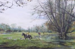 Gordon King (b1939) acrylic on canvas, Berkeley Hunt with figures on horse back, signed lower right,