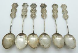 Six Chinese white metal spoons with character decoration