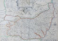 William Kip after Christopher Saxton, 17thC map of Suffolk, 'Suffolciae comitatus cuius populi',