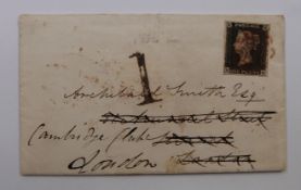 Great Britain 1840 1d black on cover, 4 margin, plate 7 NK, with red Maltese cross cancellation